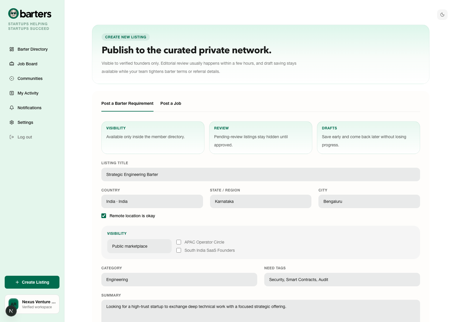 Create barter listing page
