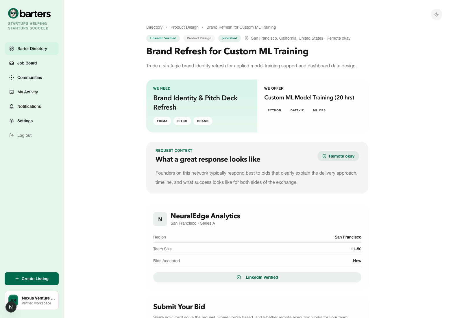 Barter request detail and bid composer