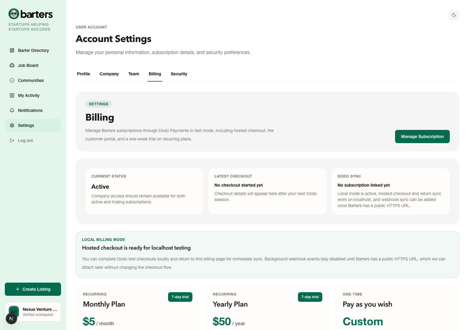Billing settings page with plans